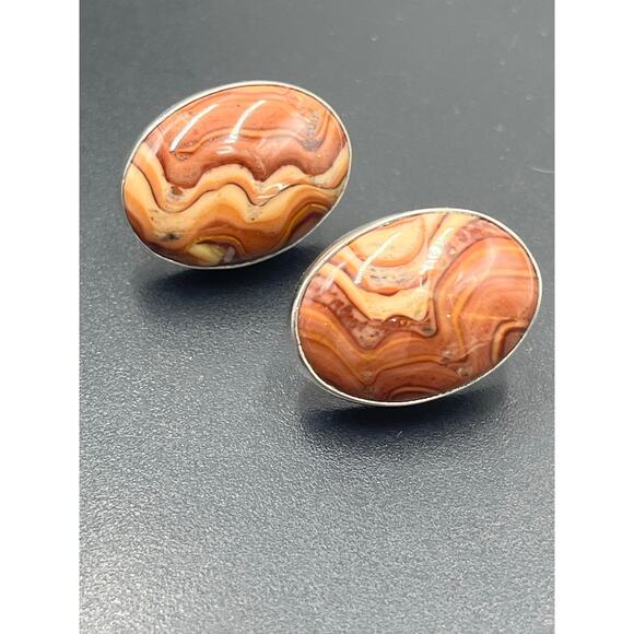 Silver Creations Gundi Vintage Sterling Silver Banded Agate Oval Pierced Earring - Picture 5 of 12